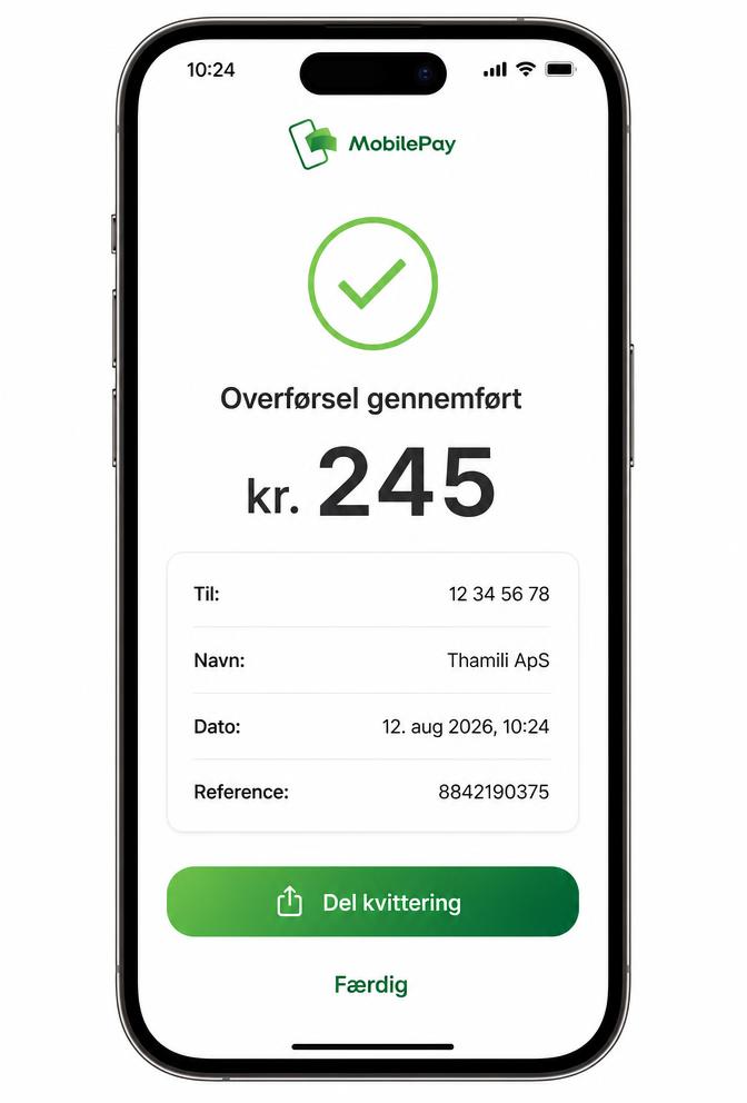 Example of a MobilePay confirmation screenshot showing the amount in kroner, the receiving MobilePay box number and the date